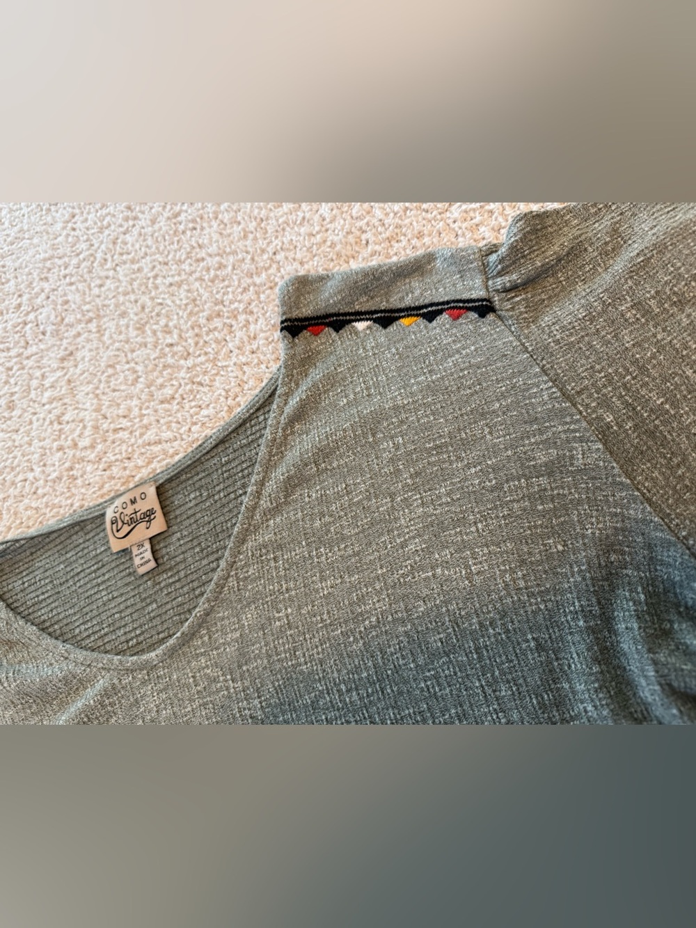 Como Vintage Gray Knit Top with Red, Yellow & White Accent